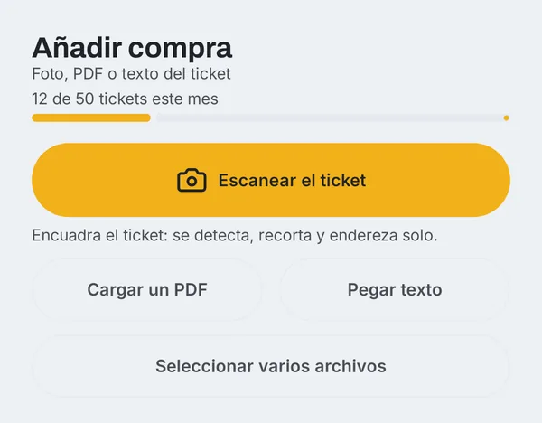 Pantalla Añadir compra: escanear el ticket, cargar un PDF, pegar texto o seleccionar varios archivos