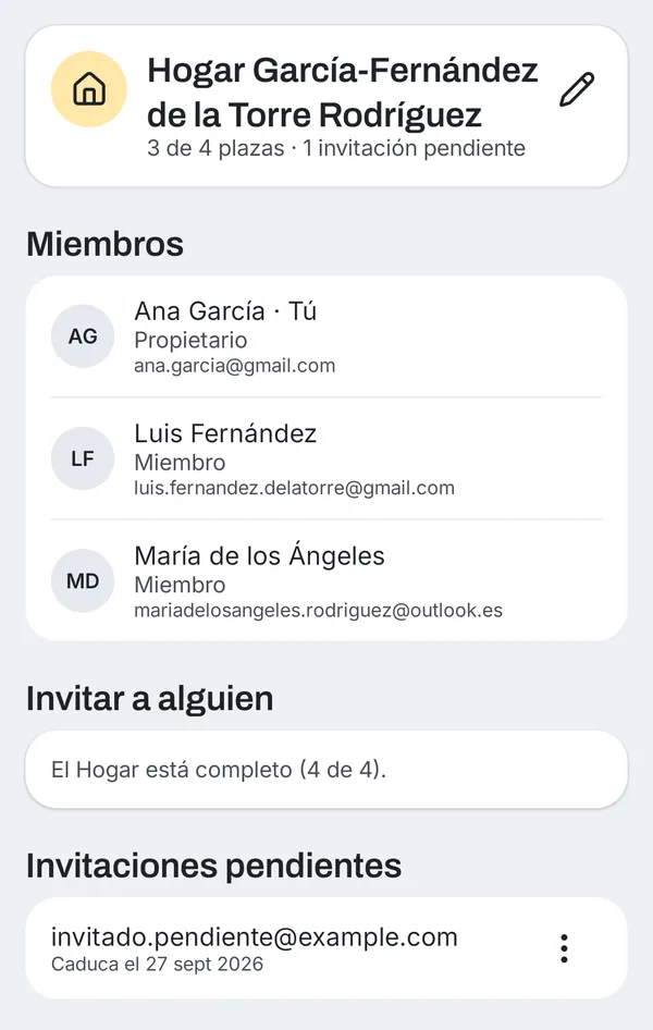 Pantalla de un Hogar con tres miembros, una invitación pendiente y la indicación de que el Hogar está completo